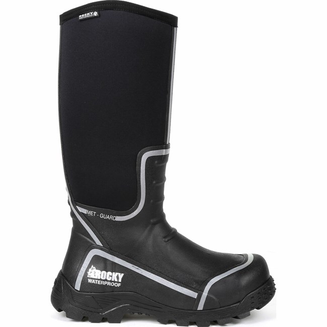 Black Men's Rocky Sport Pro Steel Toe Met Guard Rubber Boots | WZTAJ6415