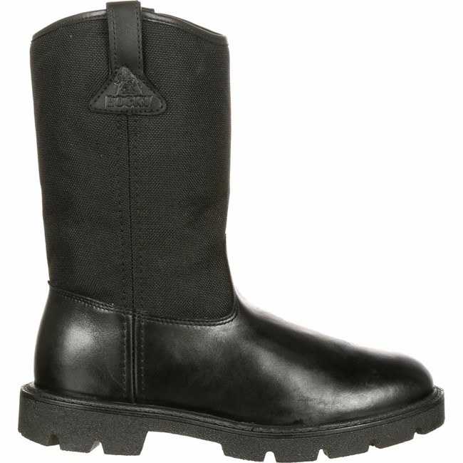 Black Men's Rocky Warden Pull-On Wellington Public Service Boot Military Boots | ETXBF0982